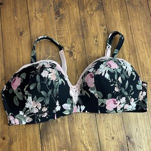 Floral Lace Trim Black & Pink Molded Cup Bra